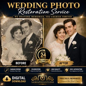 Puede incluir: Un anuncio digital para un servicio de restauración de fotos de boda. La imagen muestra una comparación en pantalla dividida de un retrato de boda en blanco y negro envejecido y dañado a la izquierda y una versión restaurada y coloreada a la derecha.