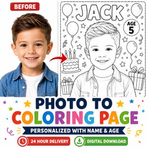 Pode incluir: Uma comparação lado a lado mostrando uma fotografia de uma criança pequena à esquerda e uma ilustração de página para colorir em preto e branco da mesma criança à direita, com o texto JACK, AGE 5, balões, um bolo e presentes.