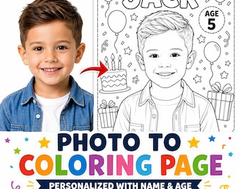 Disegno da colorare personalizzato per compleanno a partire da una foto, attività personalizzata per feste di bambini, bomboniera digitale stampabile.