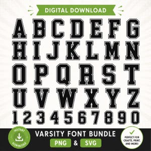 Può includere: Un set di download digitale che presenta l'alfabeto completo dalla A alla Z e i numeri da 0 a 9 in un carattere varsity nero con contorni bianchi. L'immagine include il testo DIGITAL DOWNLOAD, VARSITY FONT BUNDLE, PNG & SVG e INSTANT DOWNLOAD.