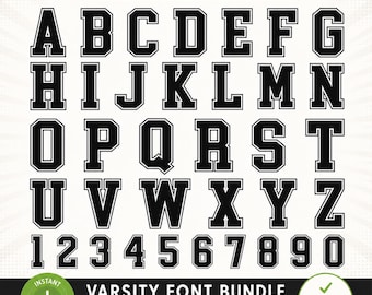Pacchetto di font Varsity in formato SVG, font Jersey in formato SVG, lettere e numeri per maglie sportive, alfabeto atletico a strati in formato SVG e PNG, download digitale, compatibile con Cricut.