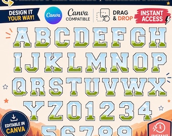 Modello di cornice Canva con alfabeto universitario, lettere e numeri sportivi modificabili, pacchetto di font per maglie da basket con funzione trascina e rilascia, download digitale.