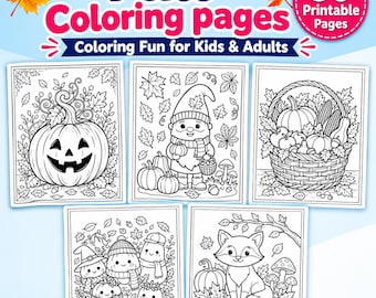 Disegni autunnali da colorare per bambini, libro da colorare autunnale stampabile, disegni da colorare di zucche e foglie per il raccolto, PDF scaricabile immediatamente