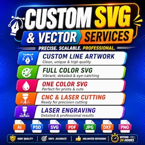 May include: A digital graphic advertisement for custom SVG and vector services. The text reads CUSTOM SVG & VECTOR SERVICES, PRECISE. SCALABLE. PROFESSIONAL. It lists services including custom line artwork, full color SVG, one color SVG, CNC and laser cutting, and laser engraving, with file format icons for AI, PSD, SVG, PDF, JPG, DXF, and PNG.
