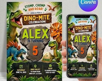 Invito di compleanno a tema dinosauri / Invito modificabile su Canva / Invito per festa a tema T-Rex / Invito di compleanno a tema dinosauri