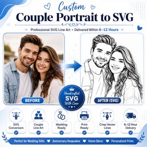 Puede incluir: Un gráfico de servicio digital titulado Custom Couple Portrait to SVG. Muestra una fotografía en color de una pareja sonriente junto a una conversión de arte lineal en blanco y negro. Los iconos representan conversión SVG y arte lineal.