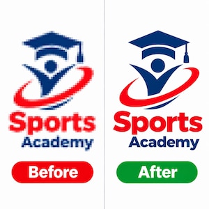 Könnte beinhalten: Ein Vergleich nebeneinander eines Logos mit einer dunkelblauen Doktorhut-Grafik über einer stilisierten Figur mit erhobenen Armen, umgeben von einem roten Bogen. Unter der Grafik steht der Text Sports Academy. Die linke Seite ist verpixelt, die rechte scharf.