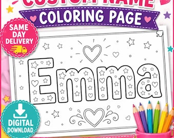 Pagina da colorare personalizzata con nome, bomboniera personalizzata per feste di compleanno per bambini, foglio di attività stampabile, download digitale in PDF.