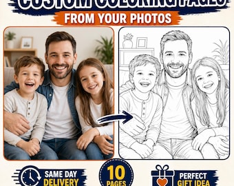 Libro da colorare personalizzato da foto / Ritratto personalizzato di famiglia e animali domestici in stile line art / Download digitale stampabile, regalo