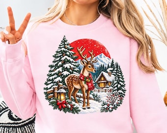Renna natalizia vintage PNG, Cervo vintage nella foresta innevata PNG, Grafica retrò effetto invecchiato per maglietta natalizia, Design per maglietta invernale a sublimazione