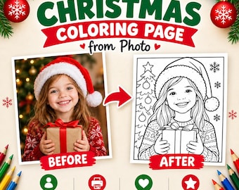 Pagina da colorare natalizia personalizzata da foto, ritratto di famiglia personalizzato, regalo stampabile per bambini, download digitale in formato PDF.