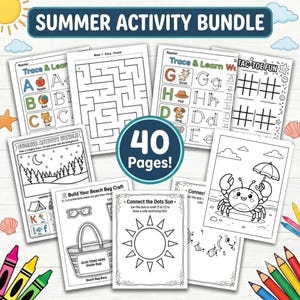 May include: A summer activity bundle featuring 40 pages of educational worksheets, including alphabet tracing, mazes, tic-tac-toe, connect-the-dots, and coloring pages with illustrations of a crab, sun, and camping scenes for children.