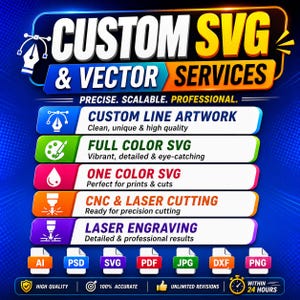 Puede incluir: Un anuncio gráfico digital para servicios de SVG y vectores personalizados. El texto dice Custom SVG & Vector Services, Precise, Scalable, Professional, y enumera servicios como arte lineal, SVG a todo color, CNC, corte por láser y grabado.