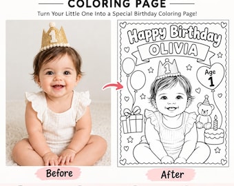 Custom Birthday Coloring Page from Photo, Personalized Kids Party Activity, Printable Coloring Sheet, Digital Download