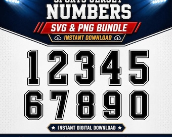 Pacchetto di numeri per maglie da calcio in formato SVG da 0 a 9, numeri in stile universitario in formato SVG e PNG, file di taglio per numeri da calcio e basket per Cricut, download immediato.