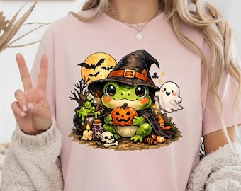 Rana strega carina PNG, clipart rana di Halloween, design spettrale rana per sublimazione, zucca fantasma PNG, Halloween cottagecore PNG, download immediato