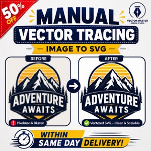 May include: A digital graphic demonstrating manual vector tracing services. The top text reads MANUAL VECTOR TRACING IMAGE TO SVG. A before and after comparison shows a pixelated mountain logo transformed into a clean, scalable vector graphic.
