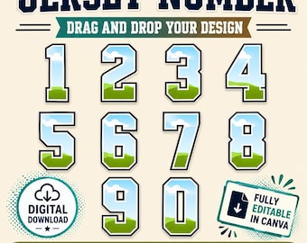 Cornice Canva con numeri sportivi, numero di maglia modificabile, carattere atletico universitario, cornice per foto con funzione trascina e rilascia, numeri da 0 a 9
