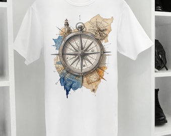 Camiseta unisex con mapa de brújula vintage / Ilustración náutica de viajes, camiseta de explorador