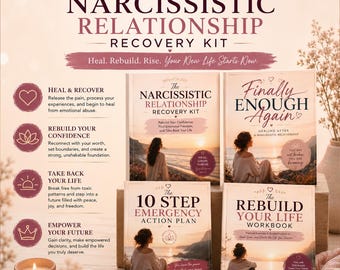 May include: A four-book set titled The Narcissistic Relationship Recovery Kit, Finally Enough Again, 10 Step Emergency Action Plan, and Rebuild Your Life Workbook. Each cover features a person looking at a sunset over the ocean with text.
