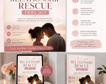 May include: The Complete Relationship Rescue Tool Kit digital and physical product set features a romantic couple silhouette on a soft pink background. It includes PDF guides, worksheets, checklists, and bonus resources for relationship support.