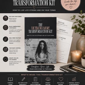May include: A digital transformation kit titled The Victim No More Transformation Kit, featuring a black and white cover with a person, printable worksheets, and guides. The text includes sections on reclaiming power, building confidence, and healing.