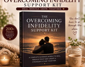 May include: A dark-covered book titled The Overcoming Infidelity Support Kit, featuring a sunset ocean scene with a couple sitting together. The cover includes text about guidance, exercises, and support, with a 200+ pages badge and heart icons.