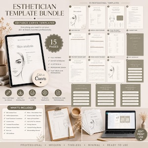 Könnte beinhalten: Ein Ästhetiker-Vorlagenpaket mit 15 professionellen Vorlagen. Das Paket enthält editierbare Canva-Vorlagen für Hautanalysen, medizinische Fragebögen und Behandlungsaufzeichnungen. Das Design ist professionell und einsatzbereit.