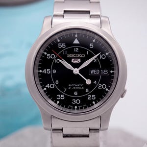 Vintage Seiko 5 Automatic Military Watch Mens | Black Dial Day Date 37mm Skeleton Caseback Wristwatch