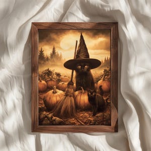 Halloween Wandkunst Schwarze Katze, Katze mit Hexenhut und Kürbisfeld-Deko, Herbstliche Digitale Kunst