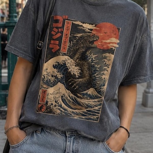 Comfort Colors Retro Vintage Japanese Godzilla Great Wave T-Shirt, Godzilla and the Wave Youth Shirt, King of the Monsters Adult Youth Shirt