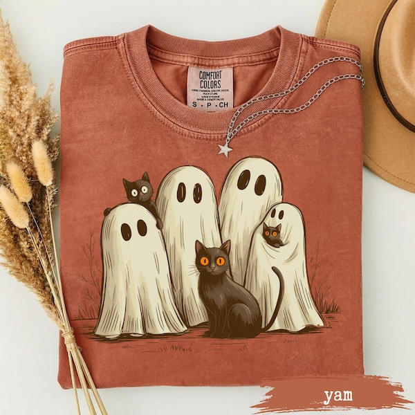 Cute Ghost Halloween Cats T-Shirt, Retro Skeleton Pumpkin Ghost Halloween Shirt, Y2K Halloween, Woman Comfort Colors® Shirt