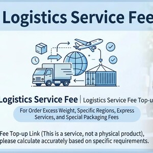 Op de afbeelding: Een digitale afbeelding met de titel Logistics Service Fee met iconen van een vrachtvliegtuig, een bestelwagen, een verzendcontainer en een wereldbol. De tekst luidt Logistics Service Fee, Logistics Service Fee Top-up en For Order Excess Weight, Specific Regions, Express Services, and Special Packaging Fees.
