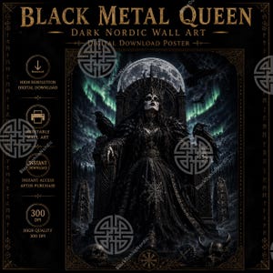 Könnte beinhalten: Ein digitales Download-Poster mit dem Titel BLACK METAL QUEEN DARK NORDIC WALL ART, das eine Figur in schwarzem Gewand und Krone auf einem Thron mit Raben, Vollmond und grünen Nordlichtern zeigt. Das Design enthält runische Ränder und Symbole.