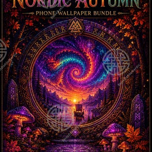 Könnte beinhalten: Ein digitales Kunstwerk mit dem Titel PSYCHEDELIC NORDIC AUTUMN PHONE WALLPAPER BUNDLE, das ein zentrales kreisförmiges Portal mit einem Wikingerschiff auf dem Wasser unter einem violett-orangen Nebelhimmel zeigt, umgeben von Herbstlaub, Pilzen und Runen.
