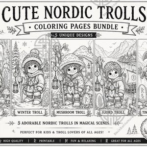 Könnte beinhalten: Schwarz-Weiß-Linienkunst-Bundle mit fünf entzückenden nordischen Trollen in verschiedenen Szenen, darunter ein Wald und eine Winterszene. Der Text lautet "Cute Nordic Trolls Coloring Pages Bundle" und "5 Unique Designs". Sofortiger Download inklusive.