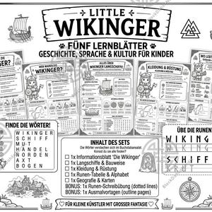 May include: Black and white educational printables for children with a Viking theme. The set includes worksheets on history, language, and culture, with illustrations of Viking ships, warriors, and runes. The text includes "Little Wikinger" and "Five Learning Sheets".