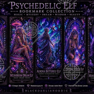 Könnte beinhalten: Eine Sammlung von fünf rechteckigen Lesezeichen mit dem Titel Psychedelic Elf Bookmark Collection. Jedes Lesezeichen zeigt eine einzigartige Elfenillustration in Lila- und Blautönen, darunter Cosmic Rune Elf, Mushroom Dream Elf, Aurora Butterfly Elf, Crystal Vision Elf und Moon Trance Elf, mit komplexen himmlischen und fantastischen Motiven.