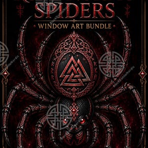Könnte beinhalten: Ein digitaler Kunstdruck mit dem Titel Black Dahlia Nordic Ruby Nordic Spiders Window Art Bundle. Das Bild zeigt eine große, detaillierte Spinne mit rot leuchtenden Augen und komplexen roten Mustern auf dem Körper, zentriert um ein Valknut-Symbol.