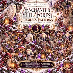 Könnte beinhalten: Eine digitale Grafik mit dem Text ENCHANTED YULE FOREST SEAMLESS PATTERNS und 3 SEAMLESS YULE PATTERNS 1254 x 1254 PX PNG 300 DPI. Das Bild zeigt verschneite Waldszenen mit Eulen, Hirschen, Gnomen, Laternen und violetten Kristallen.