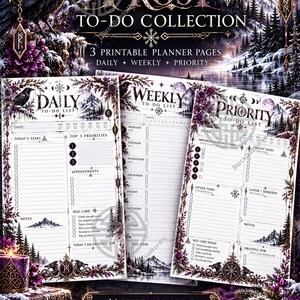 Könnte beinhalten: Ein Set aus drei druckbaren Planerseiten mit dem Titel Nordic Frost To-Do Collection, das tägliche, wöchentliche und Prioritätenlisten enthält. Die Seiten sind mit dunkelvioletten Blumenakzenten, verschneiten Berglandschaften und Rabenillustrationen verziert.