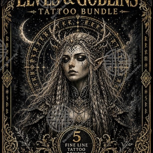 Mörka nordiska alver och troll tatueringspaket Fine Line PNG
