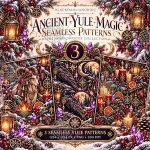 Könnte beinhalten: Eine digitale Grafik mit dem Text Ancient Yule Magic Seamless Patterns und Mystic Nordic Winter Collection. Das Bild zeigt drei Paneele mit Illustrationen von einer Ziege, Raben, Kerzen, Laternen, Tannenzapfen und Kristallen.