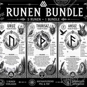 Pode incluir: Uma impressão de arte digital em preto e branco intitulada "RUNEN BUNDLE" com cinco desenhos de runas com texto e ilustrações. A obra de arte inclui corvos, símbolos vikings e o texto "5 RUNEN 1 BUNDLE".