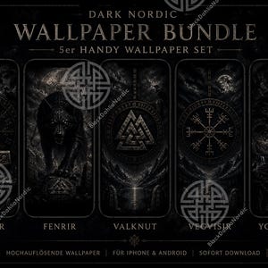 Könnte beinhalten: Dark Nordic Wallpaper-Bundle mit fünf Designs. Jedes Design zeigt ein anderes Symbol oder eine Kreatur aus der nordischen Mythologie, darunter Mjolnir, Fenrir und Vegvisir, in einem dunklen, detaillierten Stil. Der Text lautet "DARK NORDIC WALLPAPER BUNDLE".