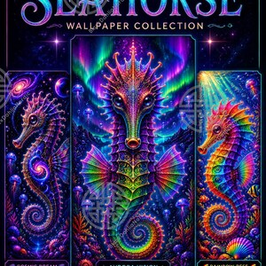 Könnte beinhalten: Eine digitale Sammlung mit dem Titel PSYCHEDELIC SEAHORSE WALLPAPER COLLECTION, bestehend aus drei vertikalen Paneelen. Das linke Paneel zeigt ein Seepferdchen in tiefen Violett- und Blautönen, die Mitte ein Seepferdchen in Nordlichtfarben und rechts ein regenbogenfarbenes Seepferdchen.