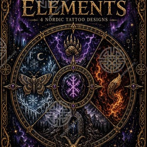 May include: A digital art print titled THE NORSE ELEMENTS 4 NORDIC TATTOO DESIGNS featuring a circular composition divided into four sections. It displays a bear paw, a moth, a goat skull, and a fox tail with purple, blue, and orange hues.