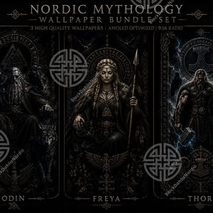 Könnte beinhalten: Dunkler, stilisierter Digitaldruck mit drei Tafeln, die nordische Mythologiefiguren darstellen. Die Tafeln zeigen Odin, Freya und Thor, jeweils mit ihren Namen darunter. Der Text "NORDIC MYTHOLOGY - WALLPAPER BUNDLE SET" steht oben.