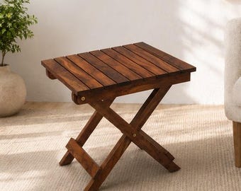 Premium Solid Wood Folding Side Table, Handmade Rustic End Table, Portable Wooden Accent Table, Farmhouse Decor, Indoor Outdoor Furniture