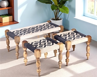 Juego de bancos de madera tejidos a mano – Taburetes rústicos de estilo granja y asientos decorativos, muebles tradicionales de tejido de cuerda, juego de 3